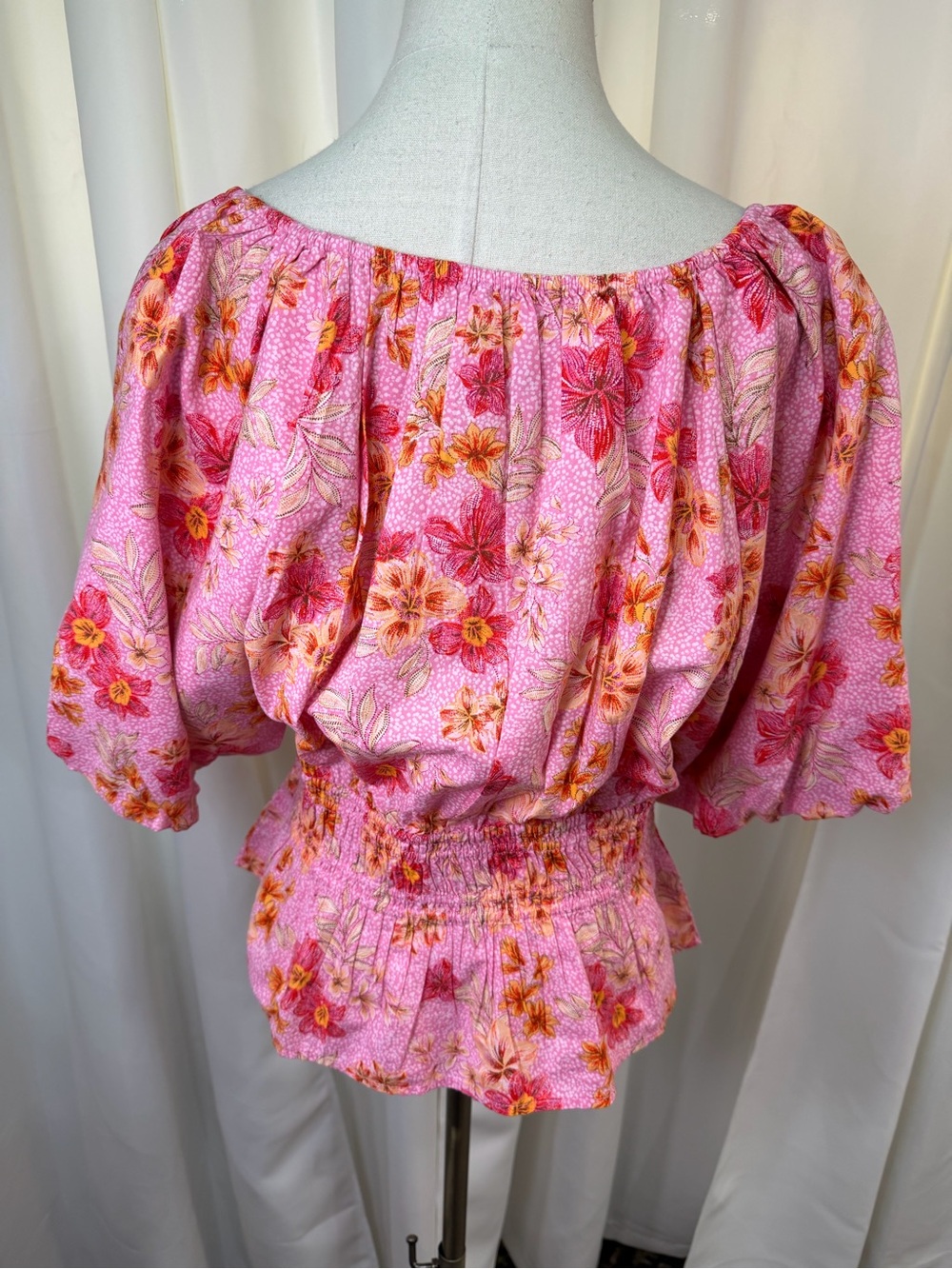 NWT LOFT ‘Lily Gathered Waist V-Neck Blouse’ in Pink Floral Print Size Large - Picture 10 of 13
